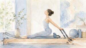 肩こり・腰痛改善のためにリフォーマーで背骨を伸ばす女性の水彩イラスト（長野市Studio NEXTE）