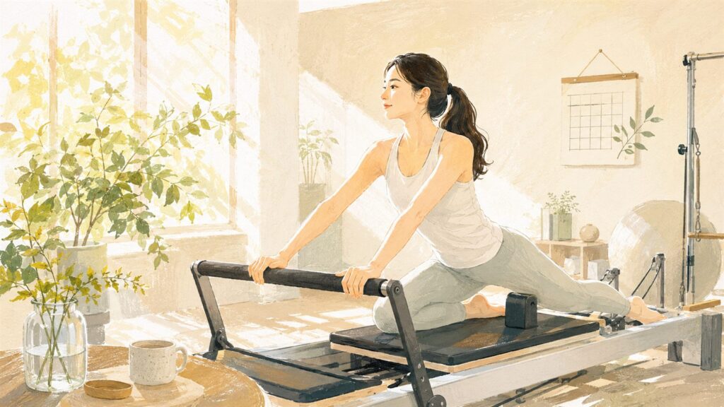 明るいピラティススタジオでリフォーマーに取り組む女性の水彩イラスト（マシンピラティスに通う頻度のイメージ）