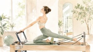 リフォーマーの上で背筋を美しく伸ばしてエクササイズする女性の水彩イラスト（マシンピラティスと姿勢改善のイメージ）