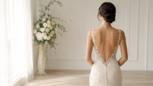 背中の開いたウェディングドレスの花嫁の後ろ姿——ドレス映えは姿勢から