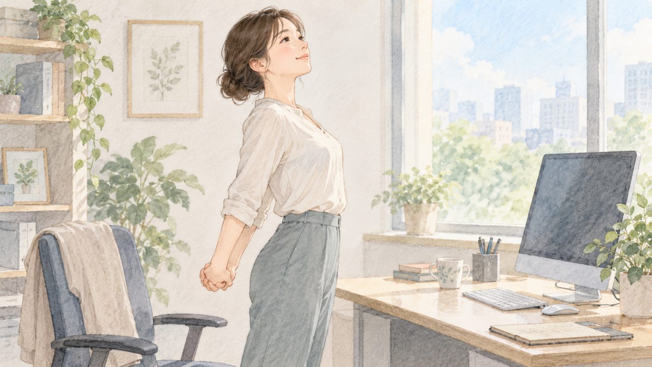 デスクワークの合間に立ち上がって胸を開く女性のイラスト(猫背・巻き肩の姿勢改善)