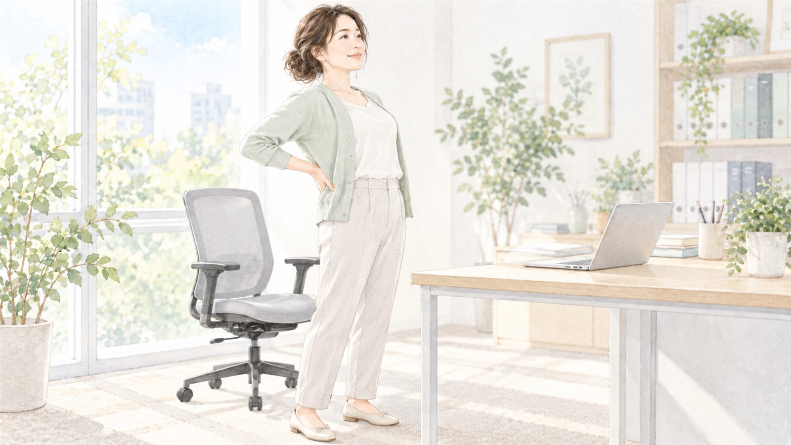 オフィスの椅子から立ち上がり腰に手を当てて伸びをする女性のイラスト（デスクワークと腰痛）